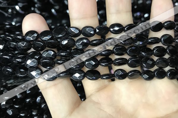 CAA2589 15.5 inches 6*8mm faceted oval black agate beads wholesale