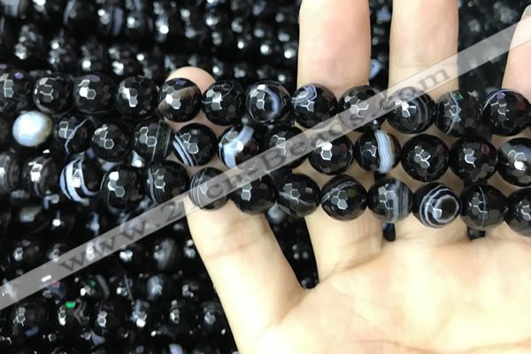 CAA2647 15.5 inches 10mm faceted round banded black agate beads