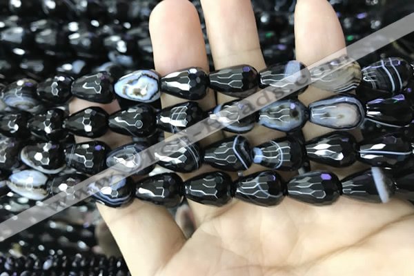 CAA2653 15.5 inches 10*14mm faceted teardrop banded black agate beads