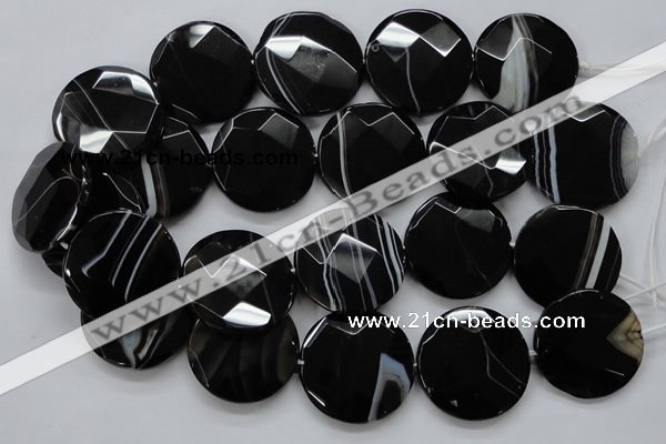 CAA281 15.5 inches 35mm faceted coin black line agate beads