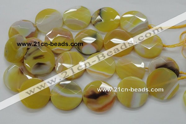 CAA328 15.5 inches 35mm faceted coin yellow line agate beads