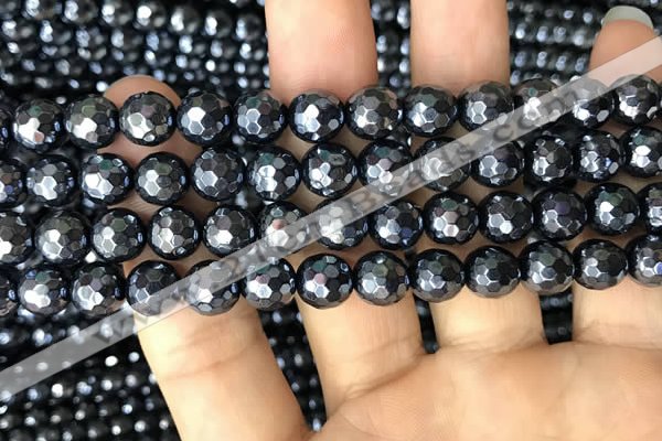 CAA3556 15.5 inches 8mm faceted round AB-color black agate beads