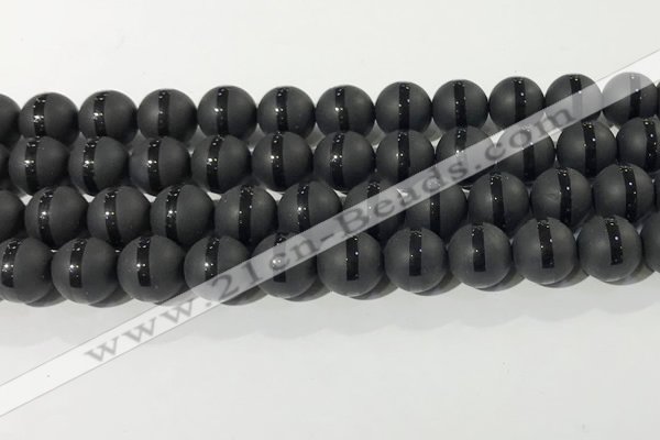 CAA3652 15.5 inches 10mm round matte & carved black agate beads