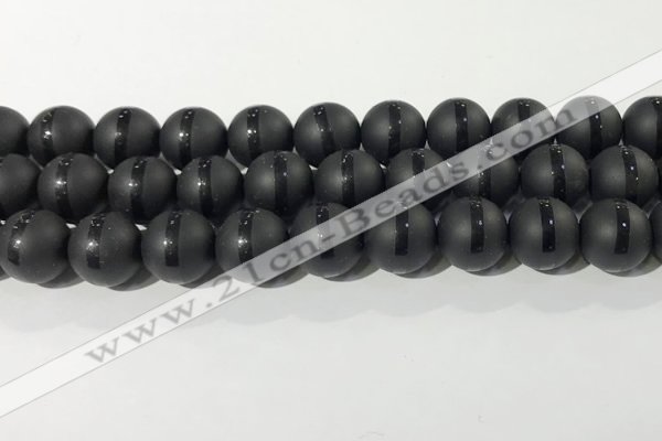 CAA3653 15.5 inches 12mm round matte & carved black agate beads