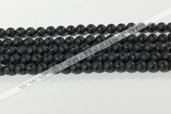 CAA3655 15.5 inches 6mm round matte & carved black agate beads