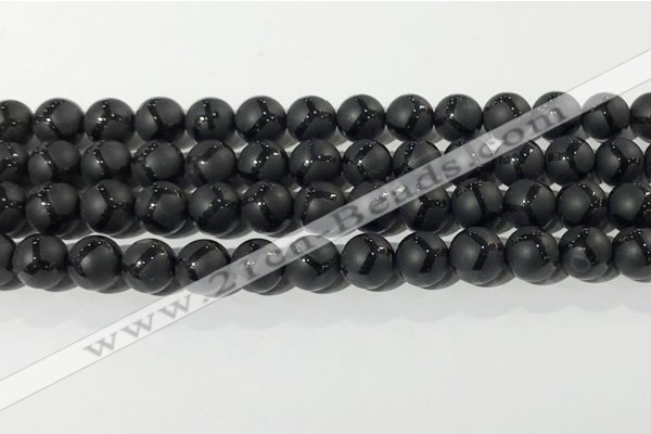 CAA3656 15.5 inches 8mm round matte & carved black agate beads