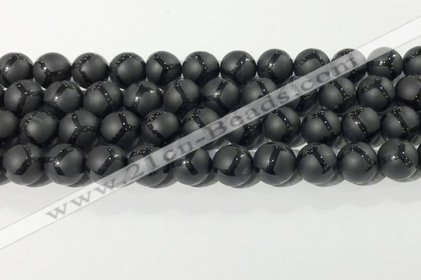 CAA3657 15.5 inches 10mm round matte & carved black agate beads