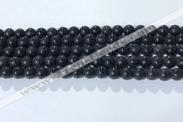 CAA3660 15.5 inches 6mm round matte & carved black agate beads