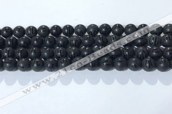 CAA3661 15.5 inches 8mm round matte & carved black agate beads