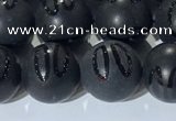 CAA3662 15.5 inches 10mm round matte & carved black agate beads