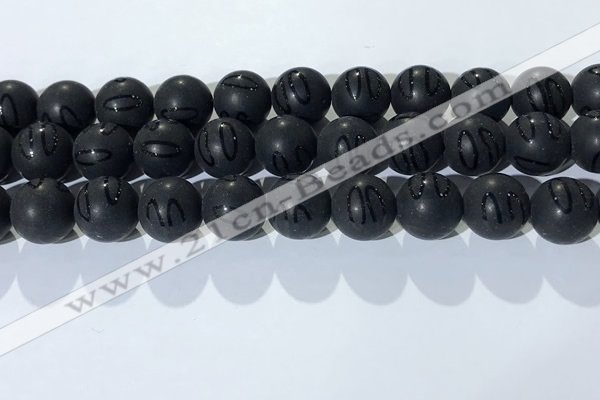 CAA3663 15.5 inches 12mm round matte & carved black agate beads