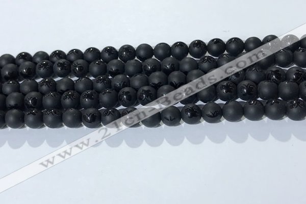 CAA3665 15.5 inches 6mm round matte & carved black agate beads