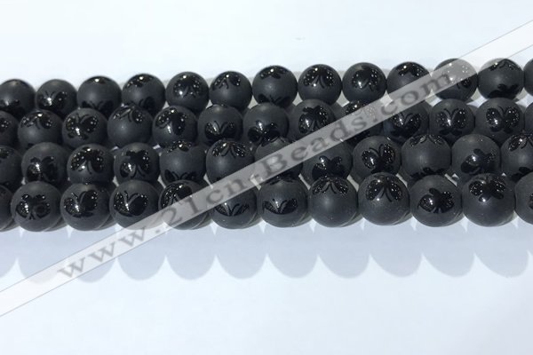 CAA3667 15.5 inches 10mm round matte & carved black agate beads