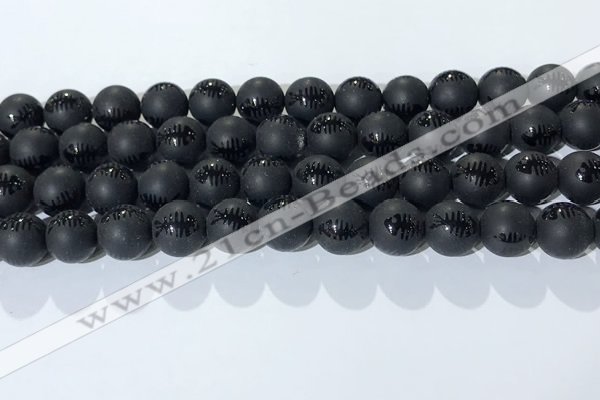 CAA3672 15.5 inches 10mm round matte & carved black agate beads