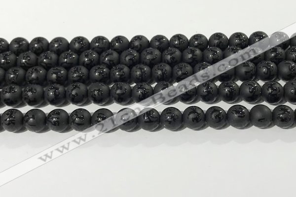 CAA3675 15.5 inches 6mm round matte & carved black agate beads