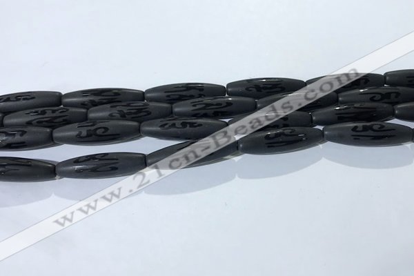 CAA3681 15.5 inches 8*30mm rice matte & carved black agate beads