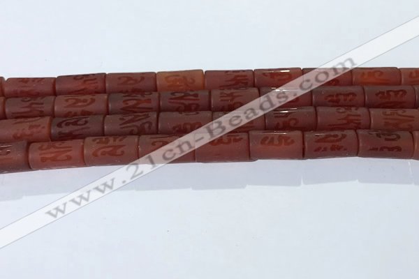 CAA3697 15.5 inches 8*16mm tube matte & carved red agate beads