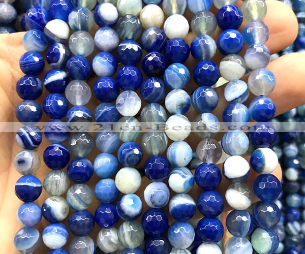 CAA6336 15 inches 8mm faceted round blue banded agate beads