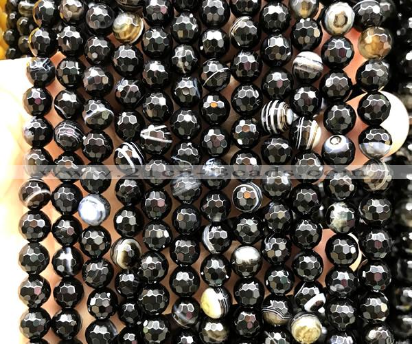CAA6351 15 inches 8mm faceted round black banded agate beads