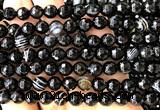 CAA6351 15 inches 8mm faceted round black banded agate beads