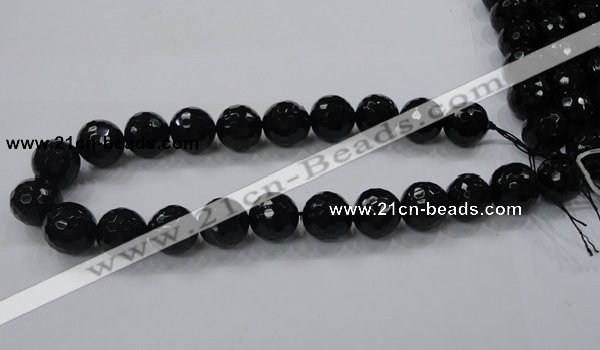 CAB345 15.5 inches 14mm faceted round black agate gemstone beads