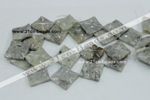 CAB584 15.5 inches 30*30mm wavy diamond silver needle agate beads