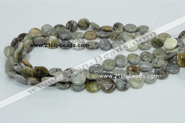 CAB75 15.5 inches 15mm flat round silver needle agate gemstone beads