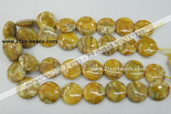 CAB945 15.5 inches 25mm flat round yellow crazy lace agate beads