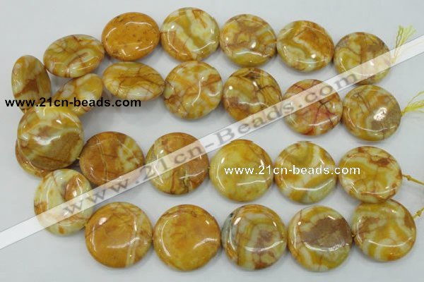 CAB946 15.5 inches 30mm flat round yellow crazy lace agate beads