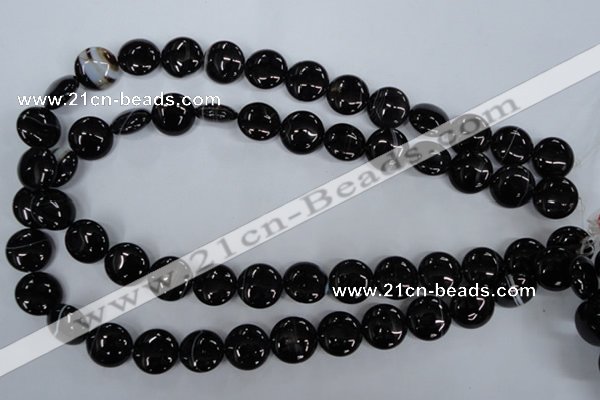 CAG2908 15.5 inches 14mm flat round black line agate beads