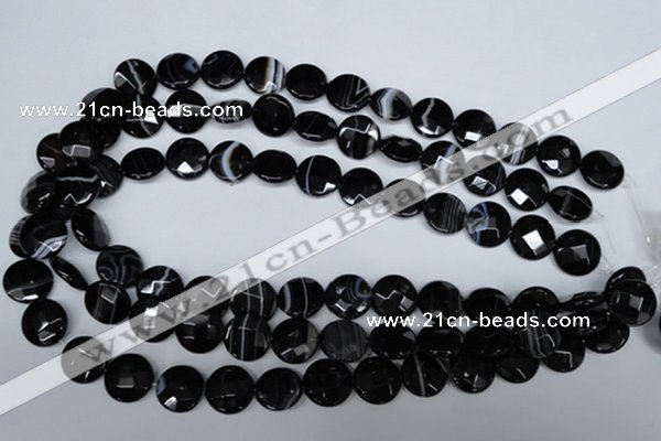 CAG3073 15.5 inches 14mm faceted coin black line agate beads