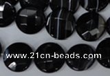 CAG3074 15.5 inches 16mm faceted coin black line agate beads