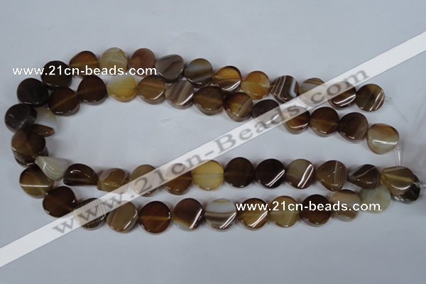 CAG3151 15.5 inches 14mm twisted coin brown line agate beads