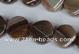 CAG3152 15.5 inches 16mm twisted coin brown line agate beads