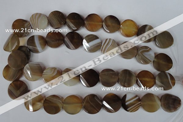 CAG3160 15.5 inches 20mm faceted & twisted coin brown line agate beads