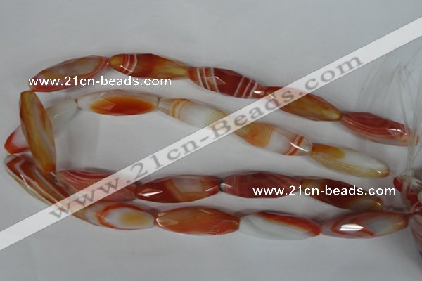 CAG3280 15.5 inches 13*40mm faceted rice red line agate beads