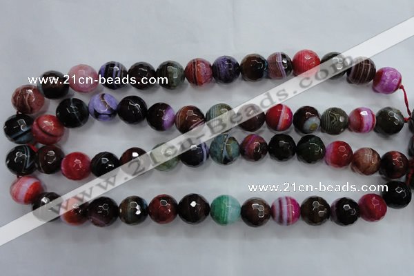 CAG3305 15.5 inches 14mm faceted round colorfull line agate beads