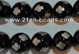 CAG3355 15.5 inches 14mm carved round black agate beads wholesale