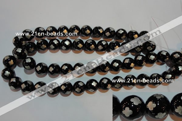 CAG3355 15.5 inches 14mm carved round black agate beads wholesale