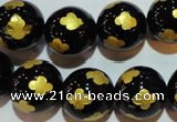 CAG3365 15.5 inches 14mm carved round black agate beads wholesale