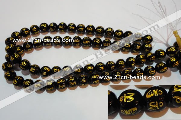 CAG3374 15.5 inches 12mm carved round black agate beads wholesale