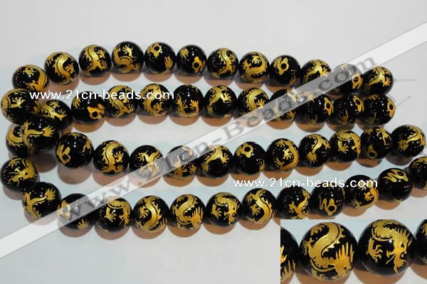 CAG3383 15.5 inches 16mm carved round black agate beads wholesale