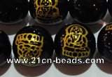 CAG3387 15.5 inches 14mm carved round black agate beads wholesale