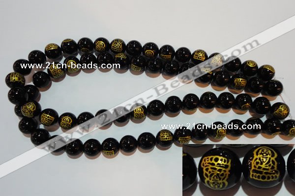 CAG3387 15.5 inches 14mm carved round black agate beads wholesale