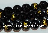 CAG3390 15.5 inches 10mm carved round black agate beads wholesale