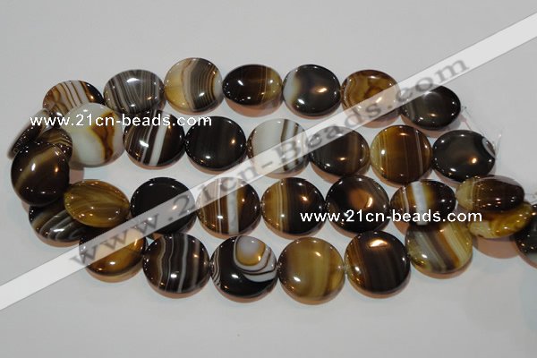 CAG3506 15.5 inches 25mm flat round brown line agate beads