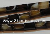 CAG3509 15.5 inches 7*12mm faceted column brown line agate beads