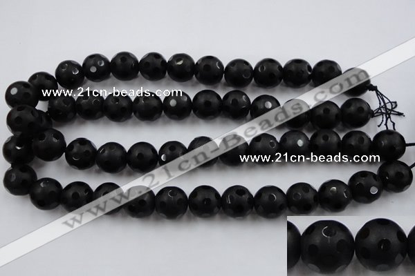 CAG3675 15.5 inches 16mm carved round matte black agate beads