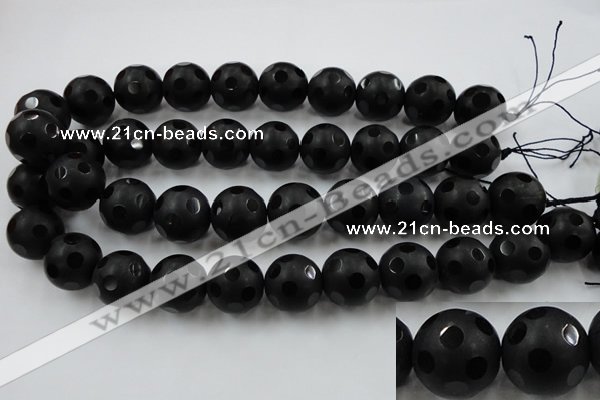 CAG3677 15.5 inches 20mm carved round matte black agate beads