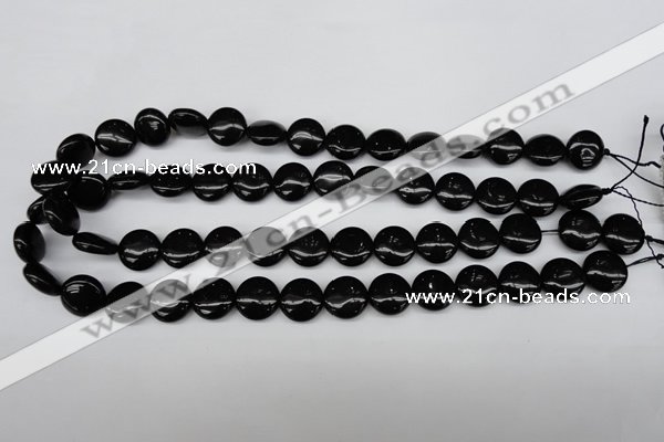 CAG4012 15.5 inches 14mm flat round black agate beads